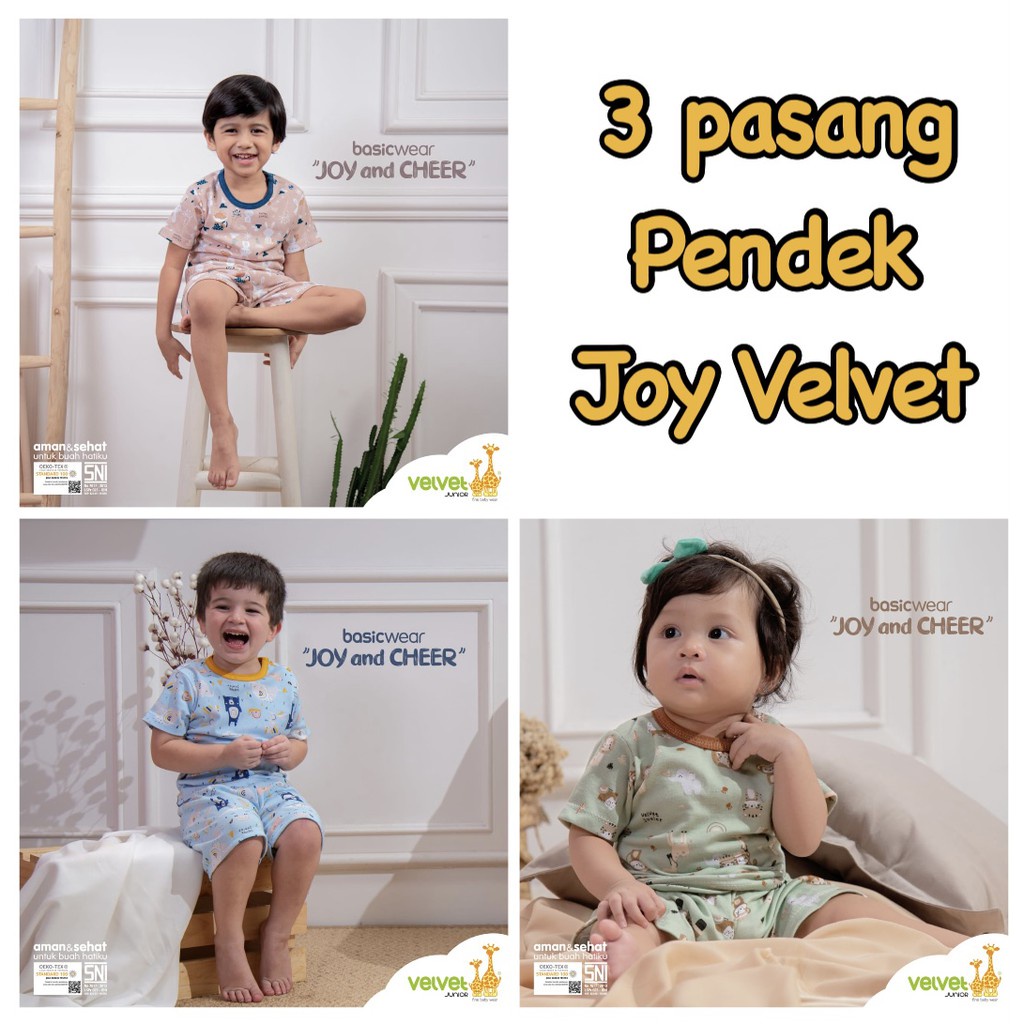 Velvet Junior 3 Setelan Pendek Oblong SML Baju Bayi Kacing Pundak Piyama Baby