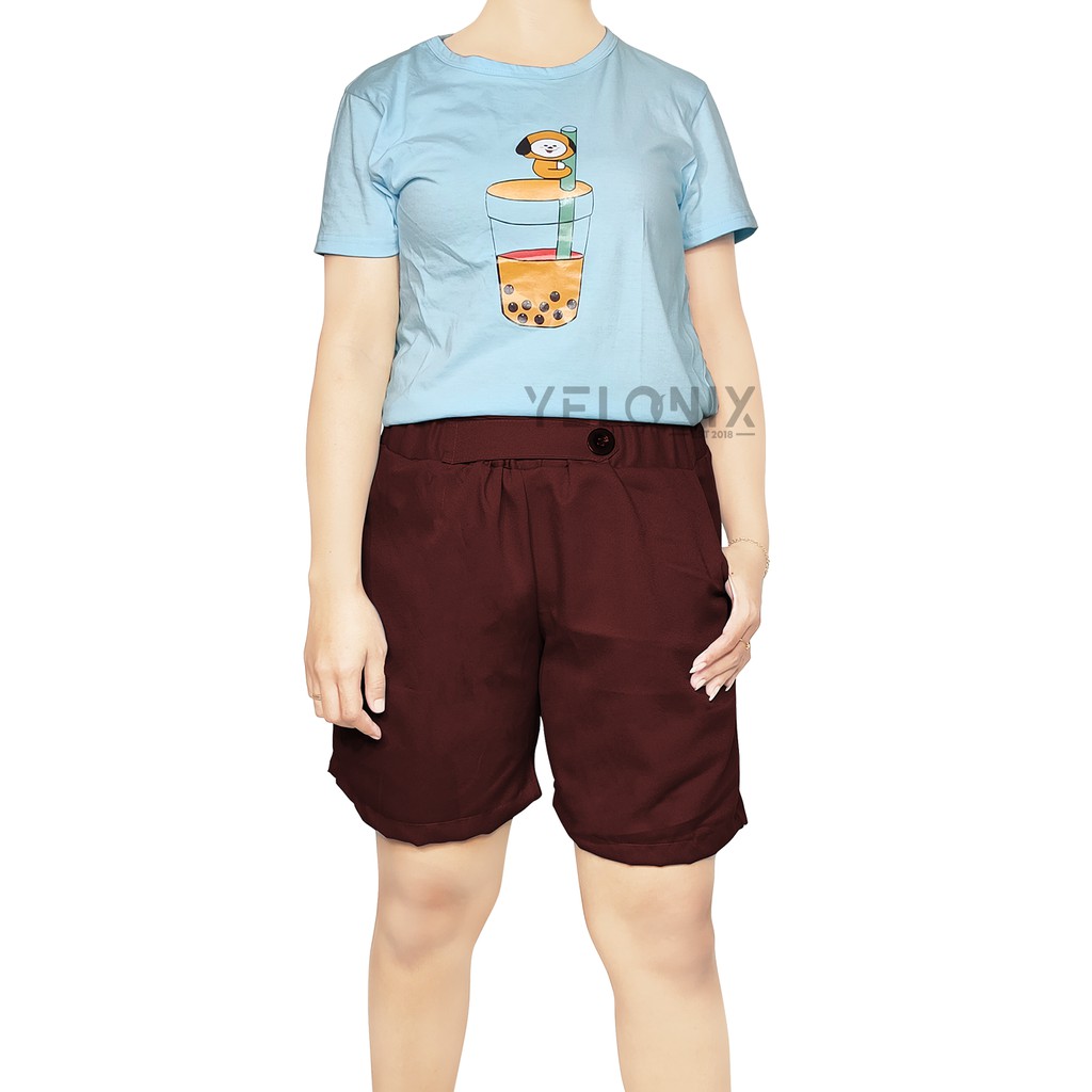 CELANA HOT PANTS WANITA KANCING MOSCREPE PINGGANG KARET-YELONIX