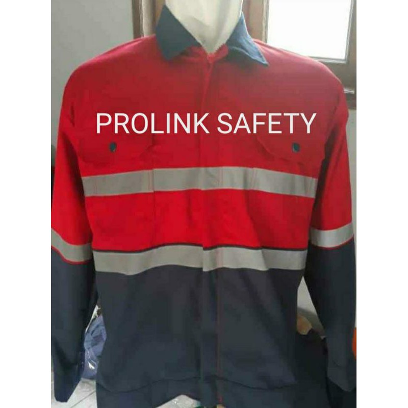 SERAGAM SAFETY FREE LOGO K3 BENDERA MERAH KOMBINASI DONGKER KANCING KAIN DRILL WEARPACK ATASAN