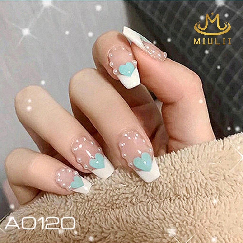 MIULII / KUKU PALSU PANJANG  Love Pearl A0120  / 24PCS / 3D / NAIL ART / PREMIUM /  CUTE / BIRU / FREE LEM JELLY / KUTEK