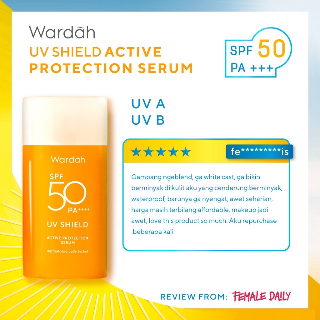 WARDAH UV Shield Active Protection Serum SPF 50 PA++++ Indonesia / Sunblock Wajah 35ml / Waterproof / Sun Care Sunscreen Tabir Surya UVA UVB Blue Light Protector Protect Pelindung Sinar Matahari Kulit Tubuh / Gel Stick Cream Lotion / Skincare Face Series