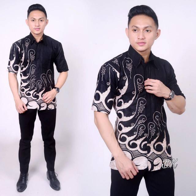 BSWART Batik HRB026 Kenongo Hem Pendek Padi Pekalongan M L XL Batik Pria MURAH Modern Grosir