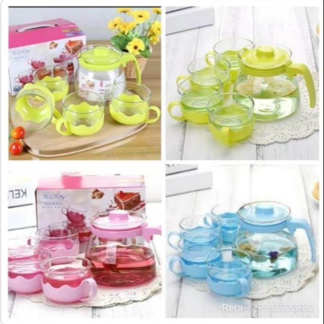 Tea pot Set 5 in 1 Tempat Minum Teh Kopi Teko Set Cangkir Kaca Teapot Gelas