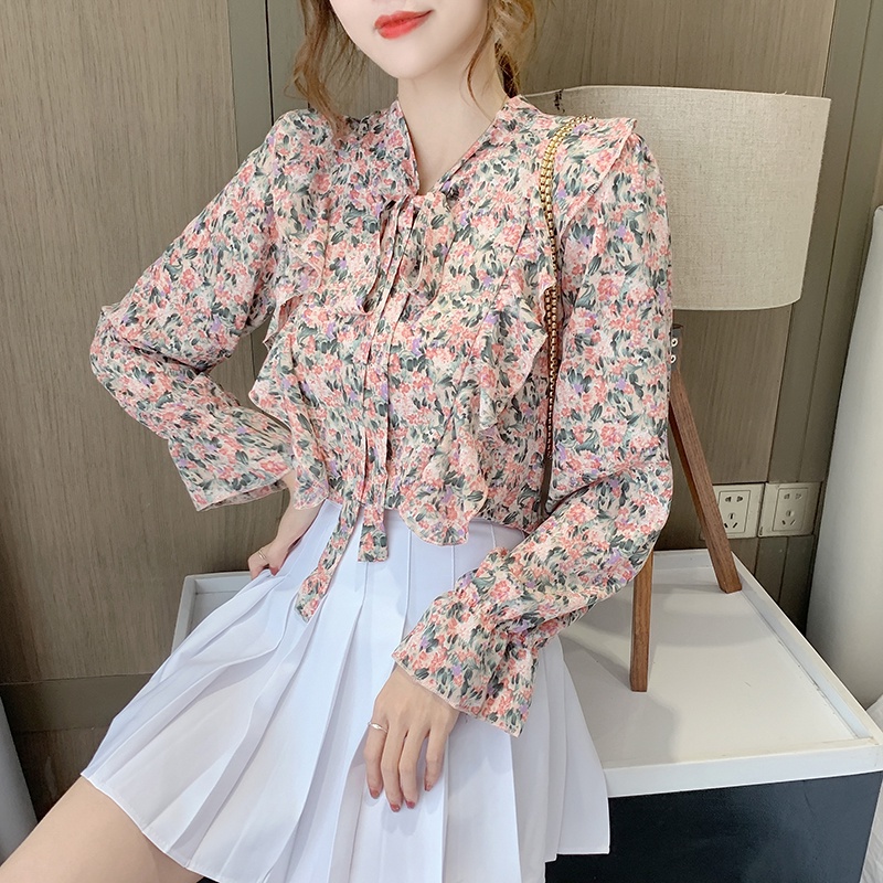 Blus bunga tipis wanita lengan panjang sablon busur terbaru all-match blouse