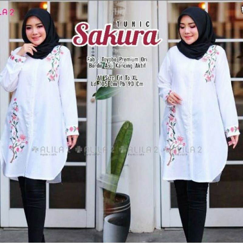 Sakura Tunik | Bordir Asli | Kemeja Putih Wanita