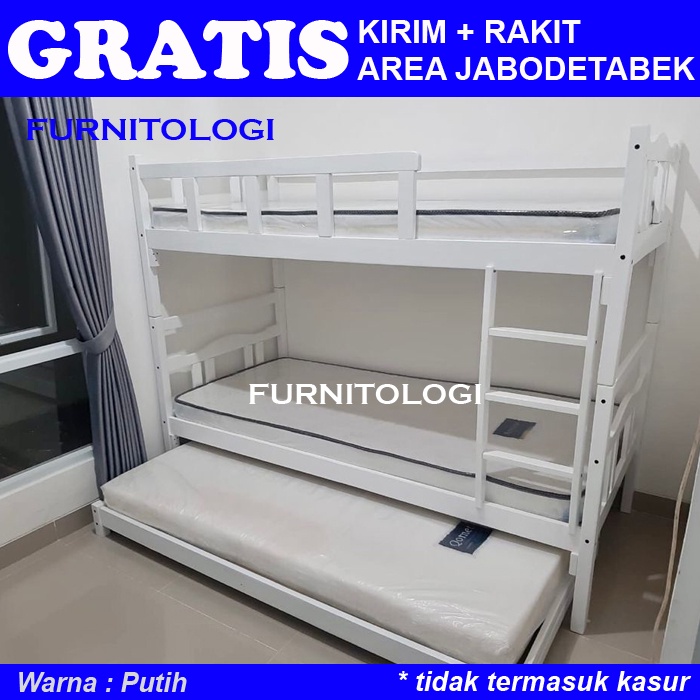 ALLS Ranjang susun Kayu + Sorongan Kayu 90x200 Ranjang 3 Tingkat Ranjang Susun Kayu Dipan Tingkat