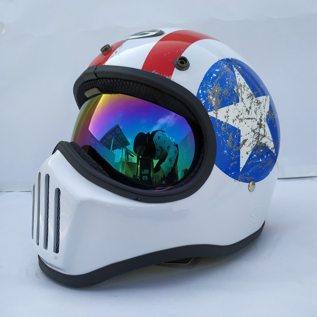 Helm Cakil HBC Captain America White + Inner Visor ( Fullface / Retro / Klasik / Vespa )