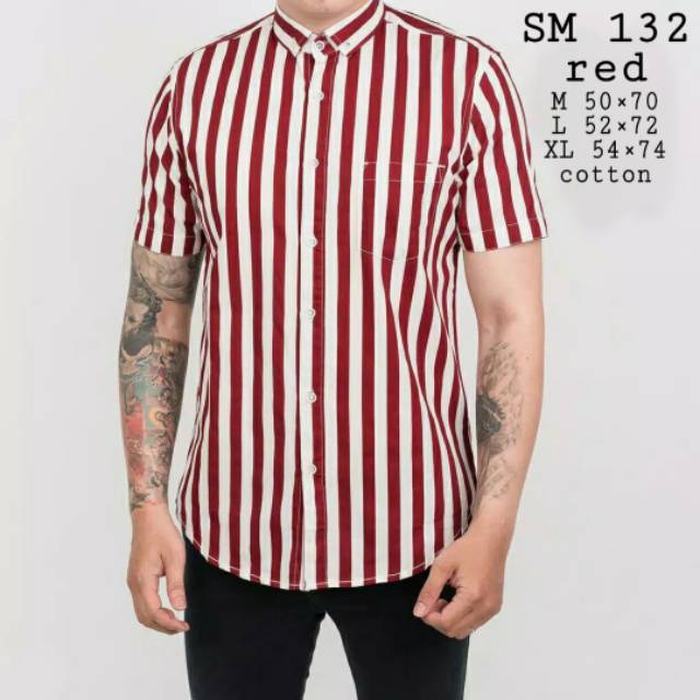 Kemeja pria cowok motif  garis  garis  salur merah kombinasi  