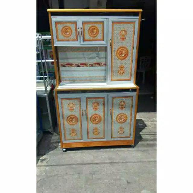 Rak Piring 3 Pintu Gendong Kaca Lukis Full Colour + Roda jumbo Tiang Besar (promo Harga)