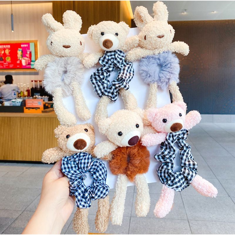 Ikat Rambut Scurnchie Boneka Beruang Scrunchie Bulu Korea Plush Bear Fluffy Faux Fur Ball Scrunchies Rabbit