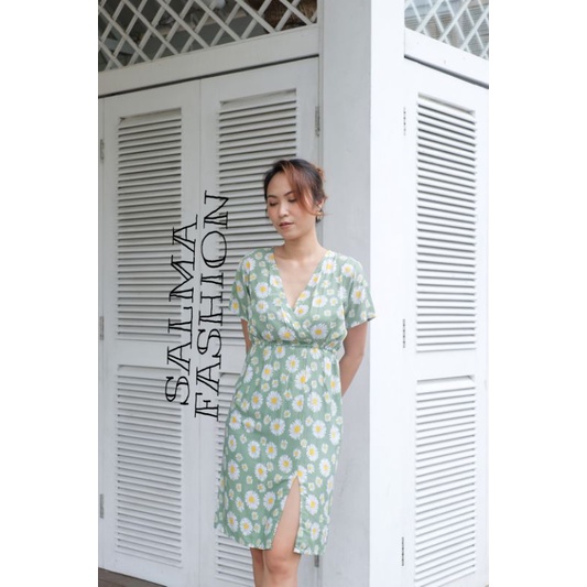 Dress V-Neck Midi Korea Model Sabrina | Dress A Line Print Daisy Lengan Puff