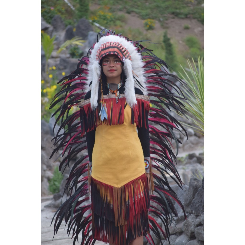 TOPI INDIAN - INDIAN HEADDRESS LONG AYAM BILABONG MERAH FUR PUTIH