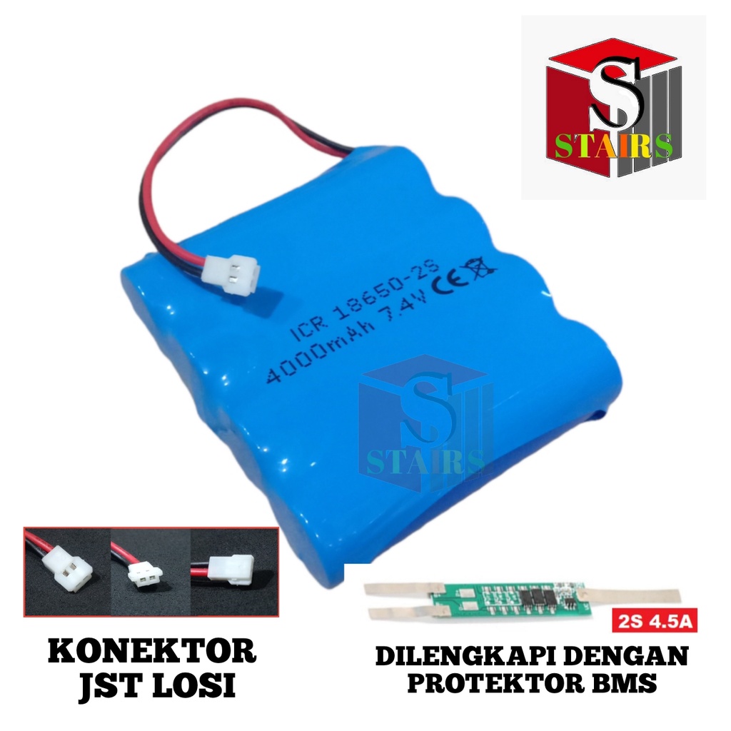 Baterai RC/ Mainan Anak / Speaker &amp; Elektronik Lainnya 4X 18650-2S 4000mAh 7.4V Protektor BMS 4.5A KONEKTOR JST LOSI