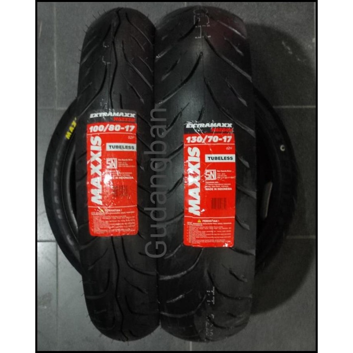 Paket Ban Maxxis Extramaxx Uk 100 / 80 Dan 130 70 Ring 17 Tubeless