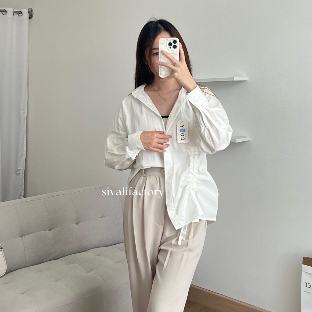 SIVALI Becca Ruched Shirt - Kemeja Serut Wanita - Atasan Wanita Lengan Panjang