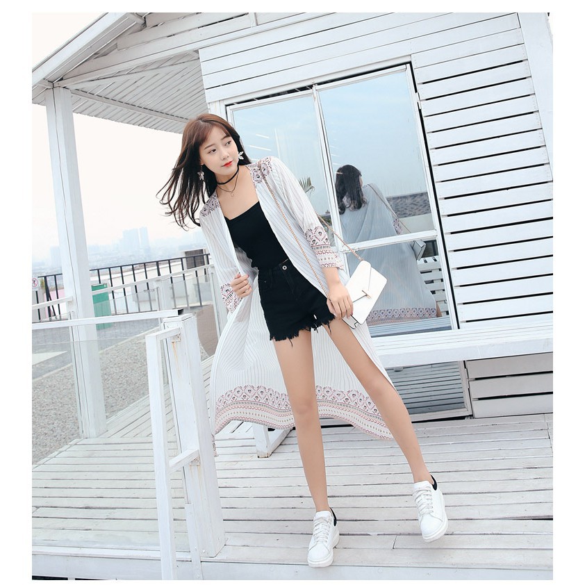 PRMO EDITION     Best Cardigan Kimono Wanita Lengan Panjang Motif Print Garis Bahan Sifon untuk