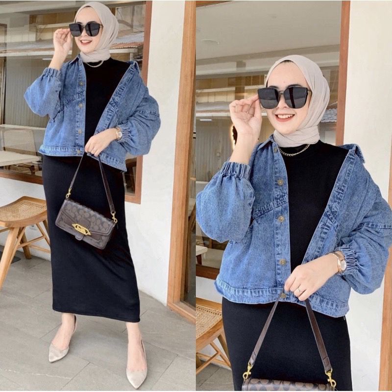 Jaket Jeans Wanita Oversize Vintage Lengan Balon