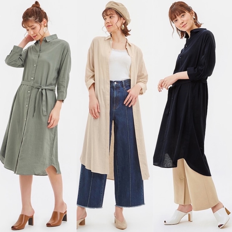GU Dress Wanita Linen Blend Front button (3 warna)