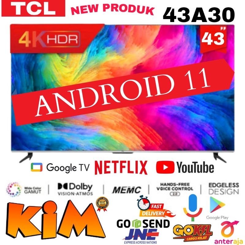 TCL 43A30 LED TV 43 inch ANDROID 11.0 UHD 4K Google TV - Garansi Resmi