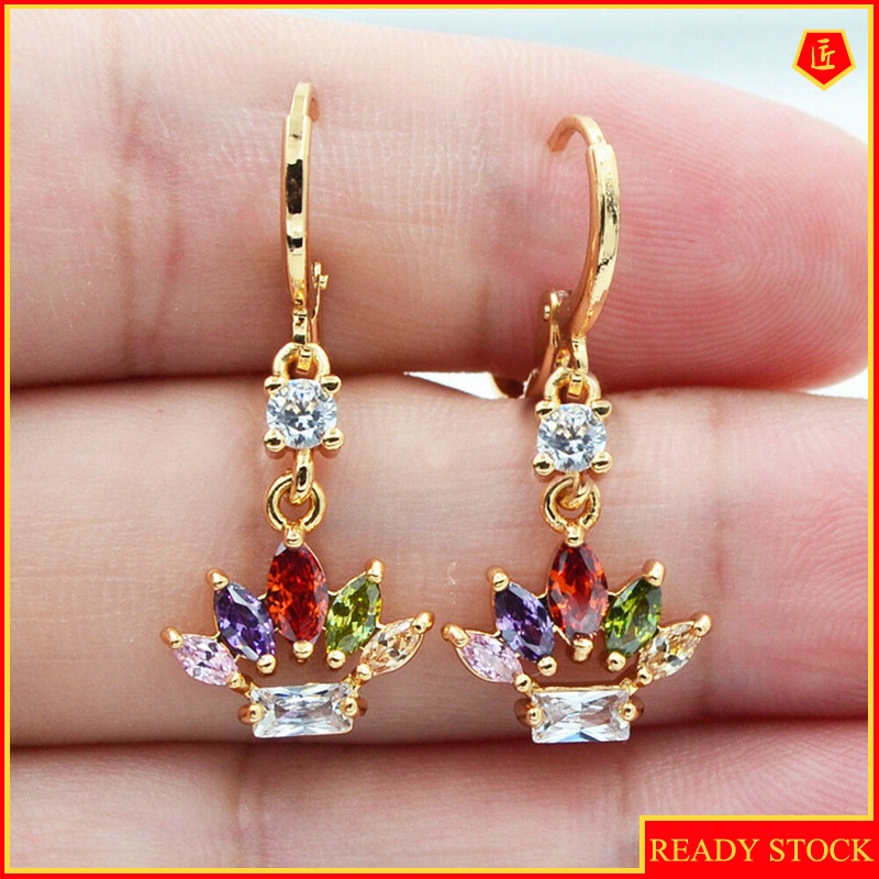 [Ready Stock]18K Gold Crowns Colored Gemstone Earrings Simple Personality