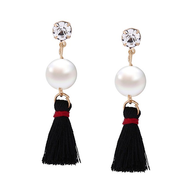 LRC Anting Tusuk Fashion Pearl &amp; diamond Decorated Tassel Pure Color Earrings