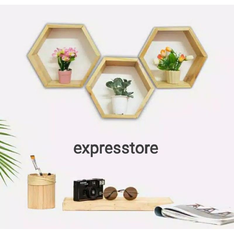 RAK HEXAGONAL / RAK DINDING / RAK KAKTUS / HIASAN DINDING KAYU 25CM