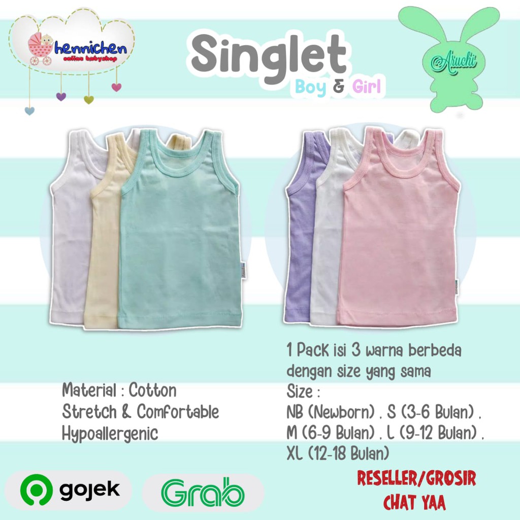 3 PCS ARUCHI Singlet kutung Kaos Dalam Bayi / SINGLET SPRING / SINGLET SUMMER GIRL BOY BAJU ANAK / BAJU BAYI NEWBORN, S M L XL SNI