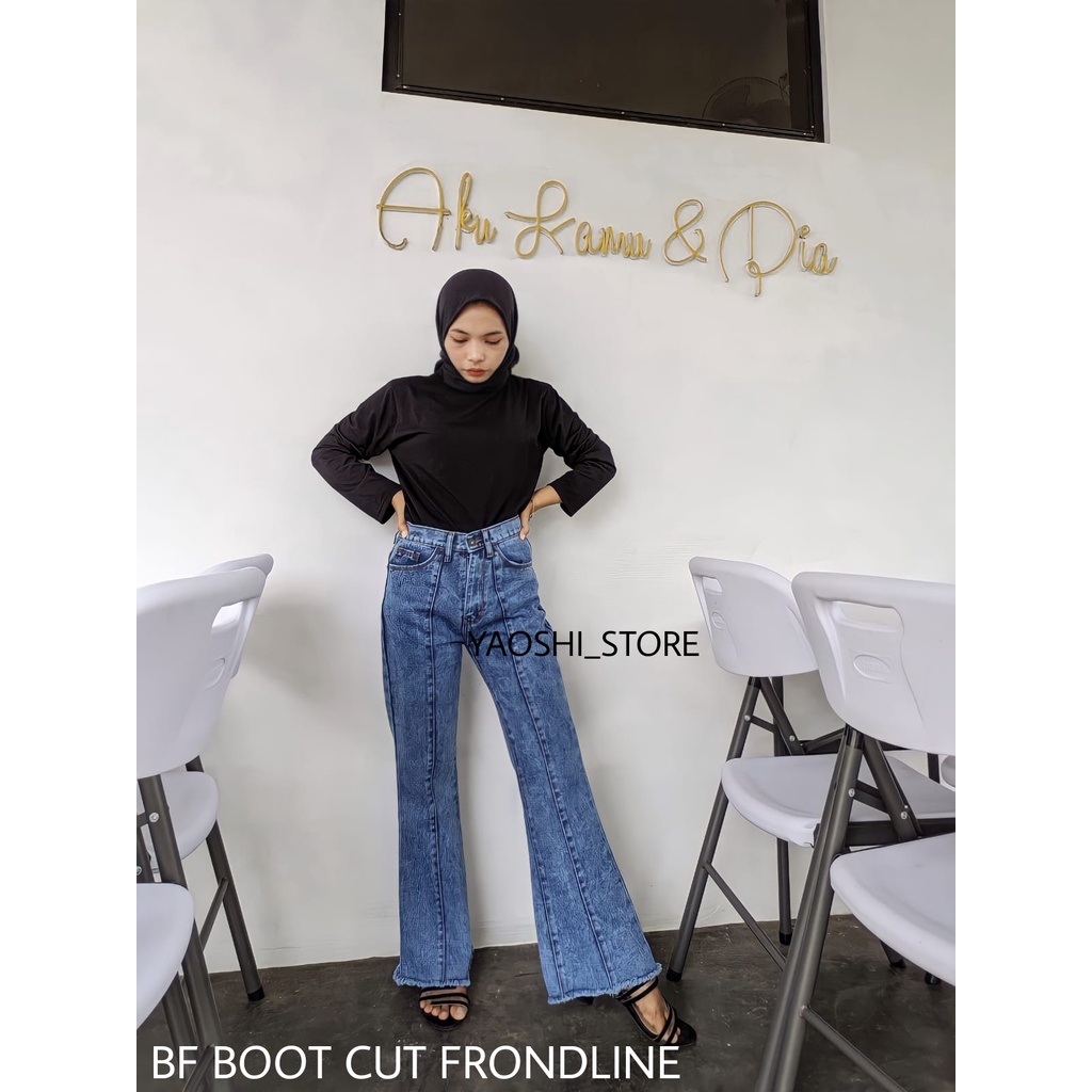 YAOSHI - Elina Cutbray Jeans Snow / Jeans Cutbray Pinggang Tinggi / Celana Jeans Pinggang Tinggi Wanita Cutbray 27-34