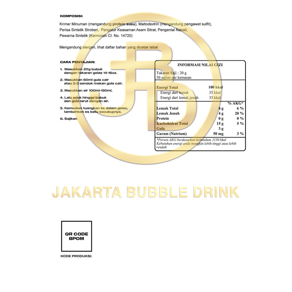 Bubuk Minuman Premium STRAWBERRY -Jakarta Bubble Drink | BPOM&amp;HALAL