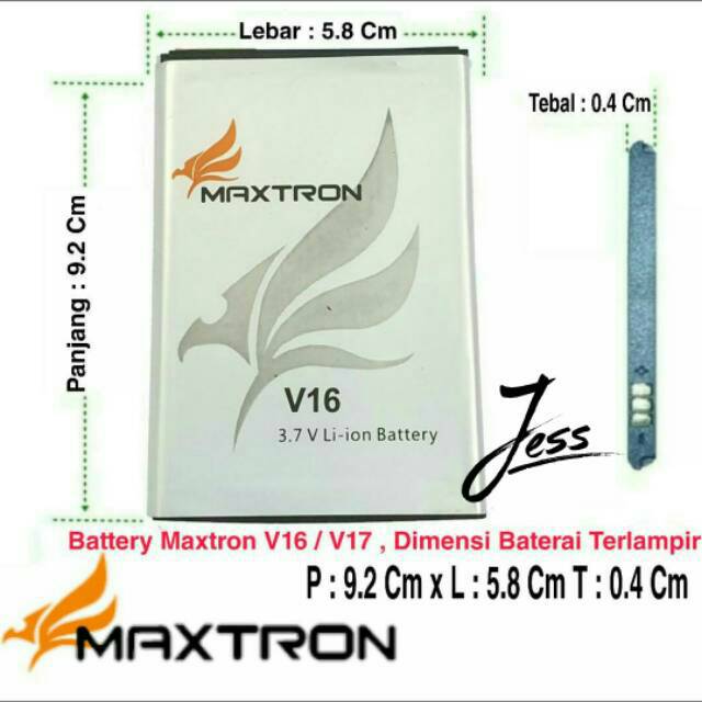 Baterai Battery Batre Original MAXTRON V16 / V17 Panjang 9.2 cm Lebar 5.8 cm Tebal 0.4 Cm