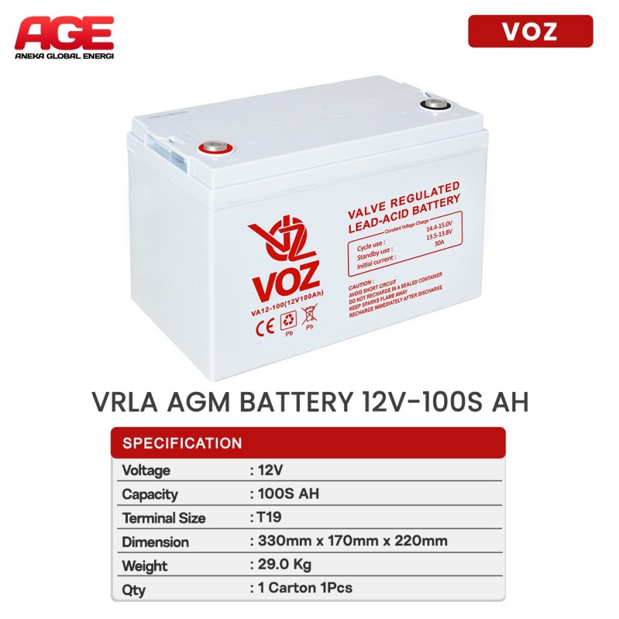VOZ VRLA AGM 12V 100Ah/100 Ah T19 Aki Kering Baterai Battery ORIGINAL
