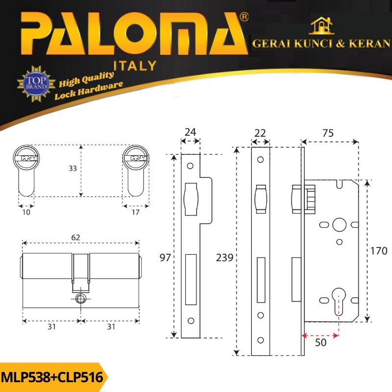 PALOMA MORTISE LOCK SET CYLINDER MLP 538 CLP 516 BODY KUNCI PELOR 50MM CYLINDER 62MM KOMPUTER KEY HITAM BLACK MATTE