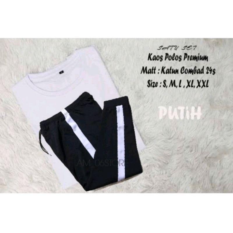 promo Naura olshop_01  setelan olahraga celana jogger list putih+kaos polos putih adidas pria/wanita