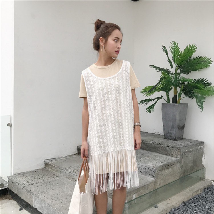 Set 2Pcs Dress Kaos Mini O-Neck+Outer Tanpa Lengan Aksen Rumbai Gaya Korea untuk Wanita/Musim Panas