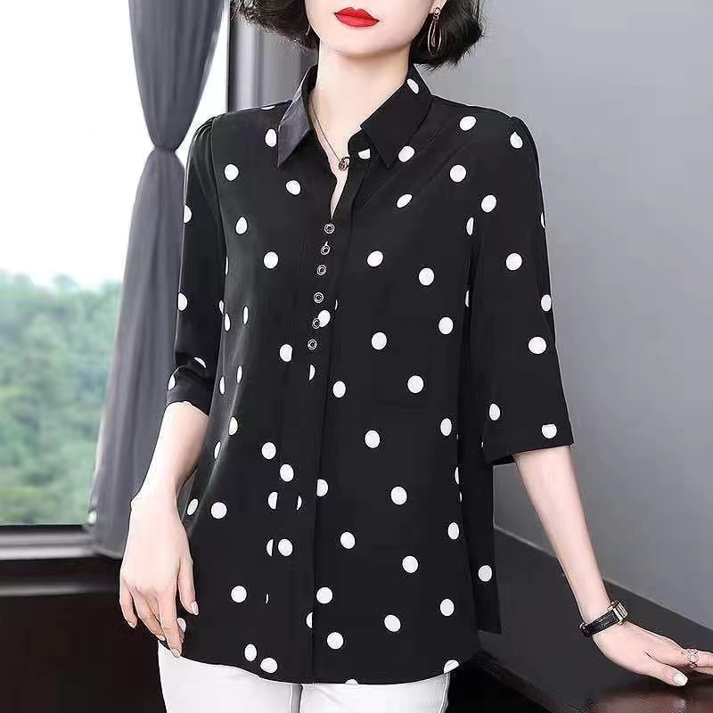 【Ready Stock】L-5XL Kemeja Wanita Sifon Lengan 3/4 Polka Dot Collared Putih Hitam Kasual Longgar Atasan Women Shirt