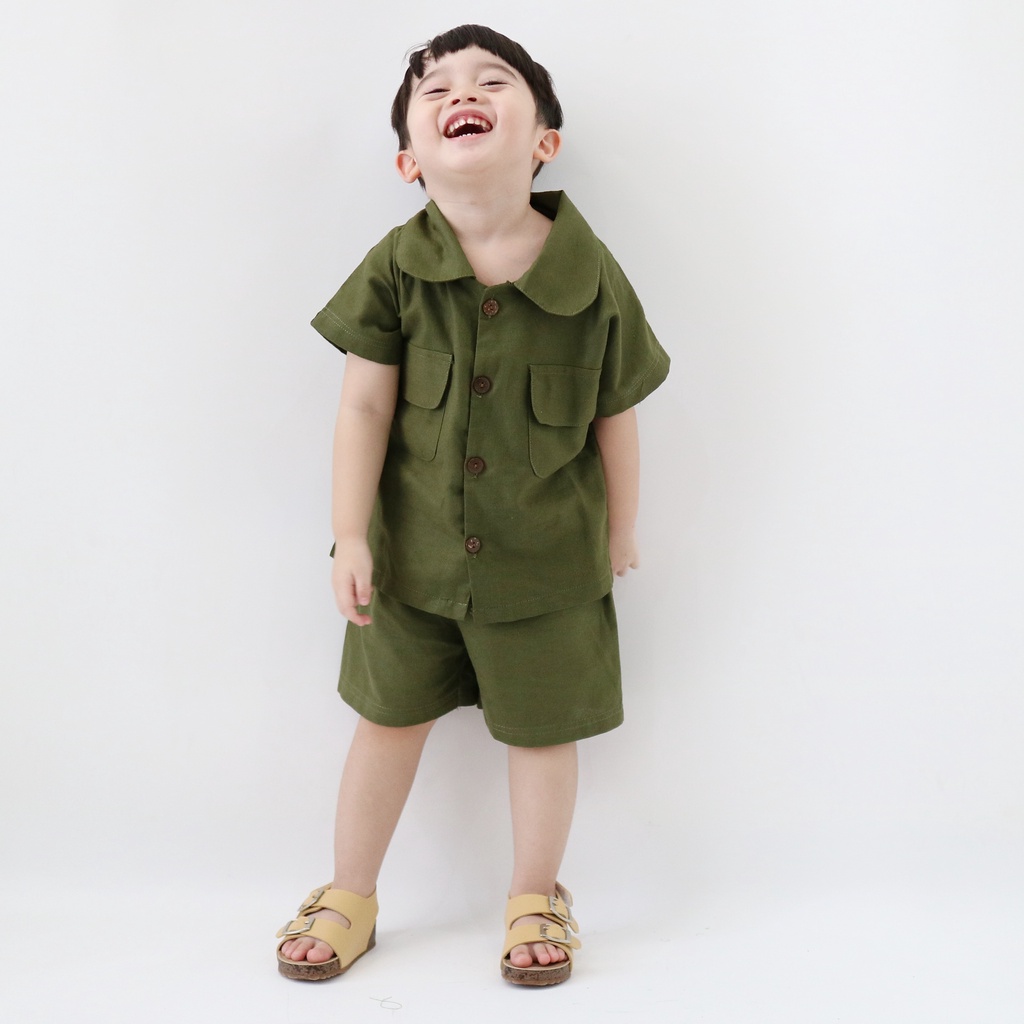 Yobebee Safari Set Setelan Pendek Linen Anak Usia 2 3 4 6 8 Tahun Baju One Set Kids Motif Basic Polos Oneset Model Baju Casual Santai Bermain Liburan Anak Laki Laki Perempuan Cewek Cowok