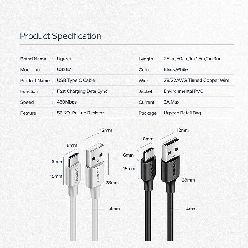 UGREEN Type C 3A Fast Charging Data Cable USB C Mobile Phone Charging Cable Fast Charging