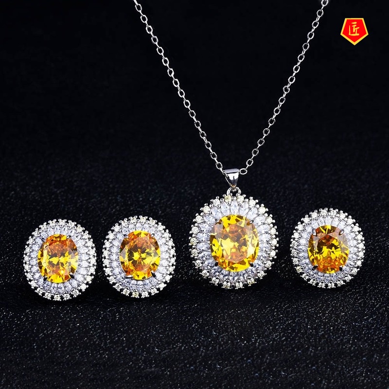 [Ready Stock]Natural Yellow Diamond Blue Topaz Rings Ear Studs Necklace Set