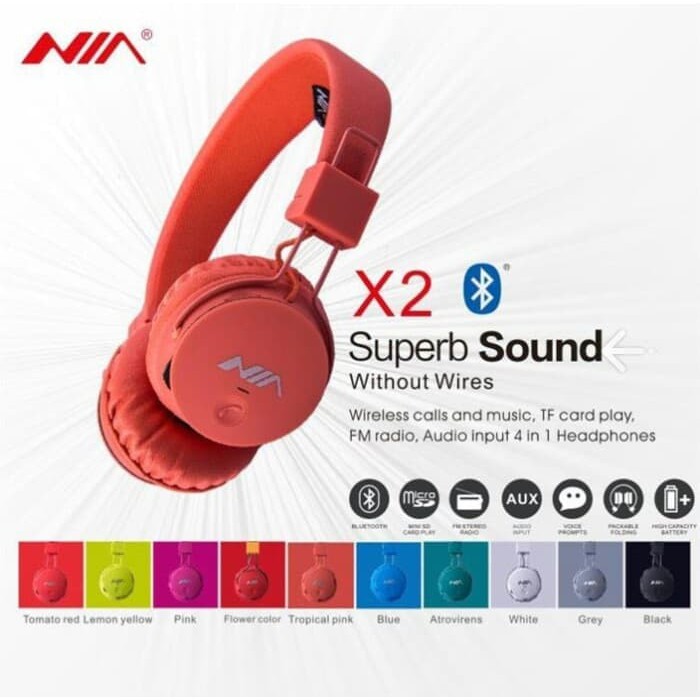 NIA-X2 Headset Bluetooth Earphone Alat Dengar  Music Lagu Musik Bass Headphone Telepon Nia X2 Bagus
