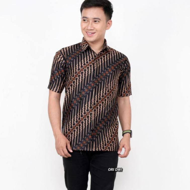 Baju Batik Pria - Batik Pria - Batik pria lengan pendek motif manggar abu - Hem batik - Kemeja batik