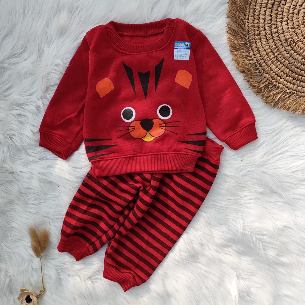 Setelan sweater bayi murah motif tiger 3-12 bulan / Set baju bayi murah / Baju hangat bayi fleece