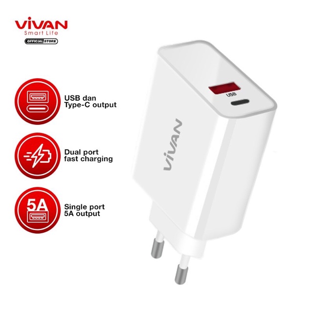 Original Charger VIVAN Universal Fast Charger 5A Type C &amp; USB Android iPhone Samsung Xiaomi Cas DT01