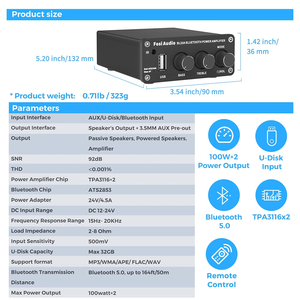 Fosi Audio Bluetooth 5.0 Amplifier 2.0 Channel Amp Receiver Class D 100W TPA3116 with Remote - BL20A - Black