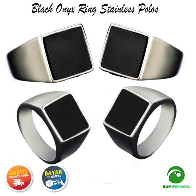 Batu Cincin Akik Black Onyx Kotak Model Ring Stainless Steel Polos
