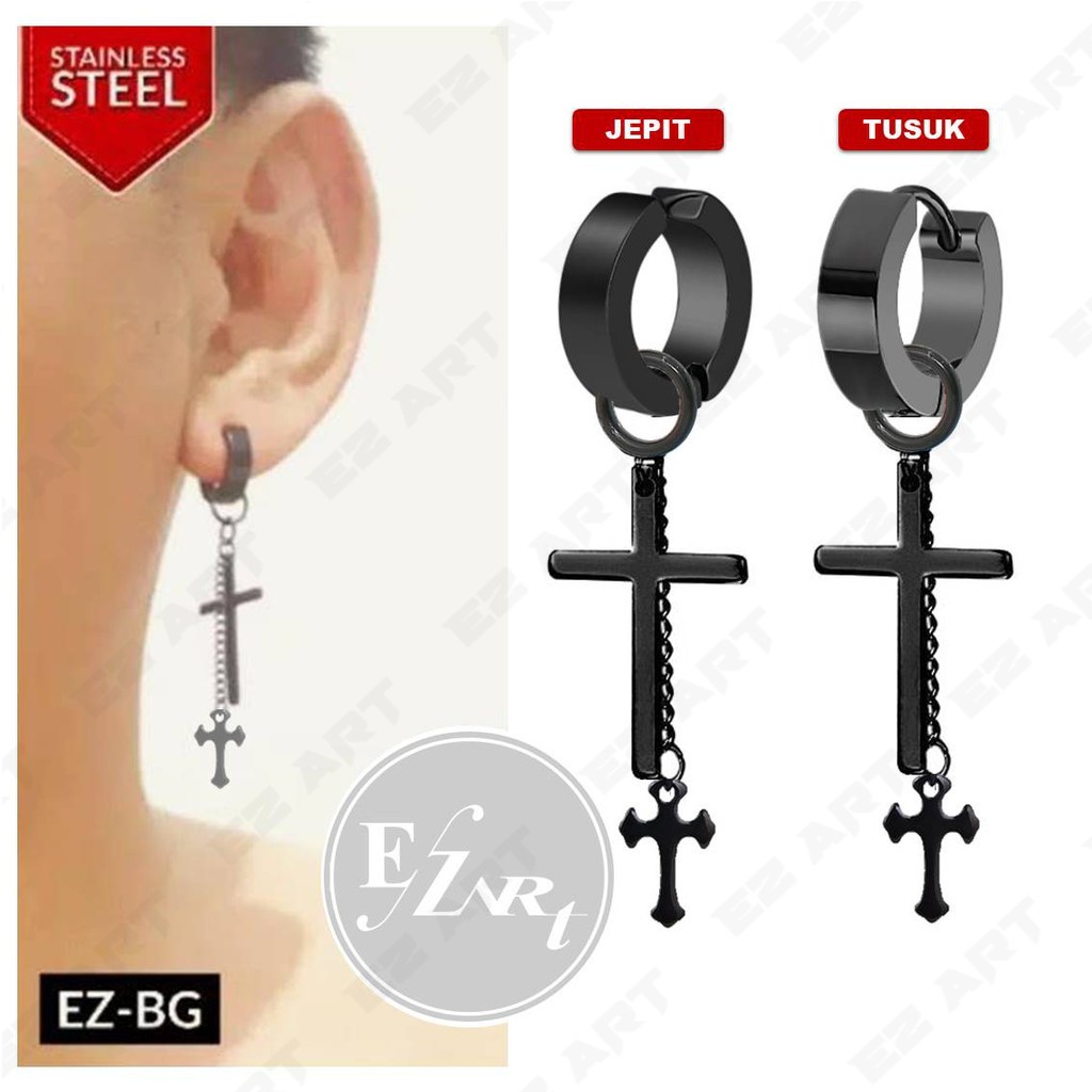 1Pc Model EZ-BG Black Hitam Anting Pria dan Wanita Jepit/Tusuk Variasi 2 Bandul Salib dan Rantai