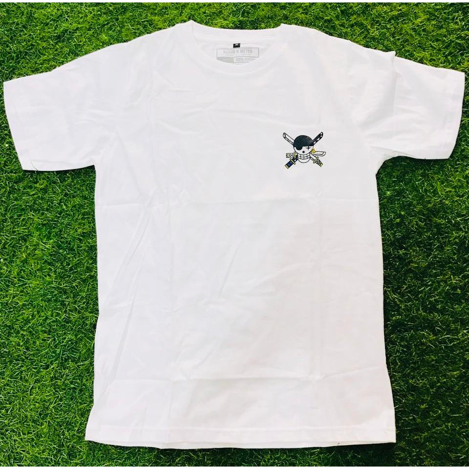 Tshirt Zorojuro Wanted Wanokuni One Piece WHITE Kaos Nakama Roronoa Zoro Mugiwara Crew Pirate Bajak Laut