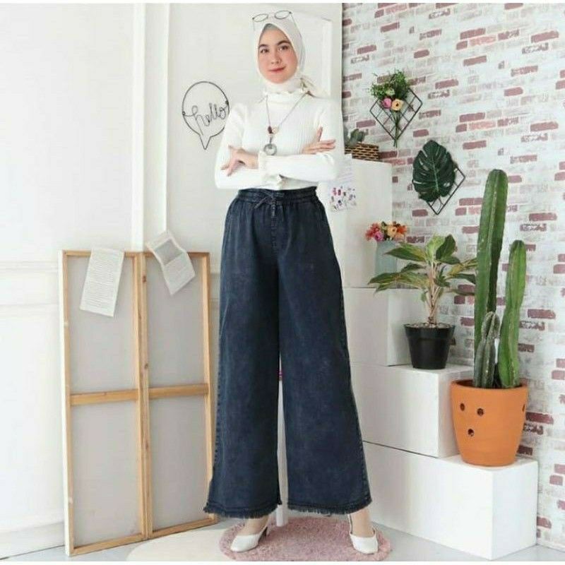 KULOT Jeans kulot masa kini - all size - pinggang karet - tali depan -  bahan denim