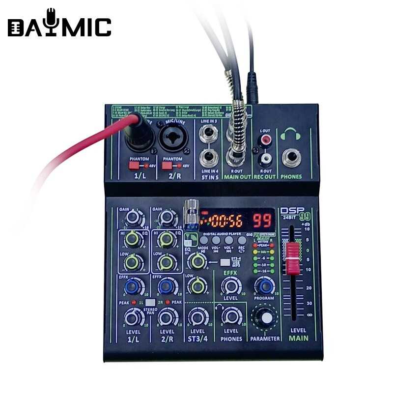 Audio Mixer Studio Professional 4 Channel Bluetooth Karaoke 4 Channel 99 DSP Effects Record Podcast Audio Mixer USB Audio Interface Digital MP3 Computer Input Live Studio Audio Sound Desk System Interface Portable +48V Phantom Power USB Computer Record