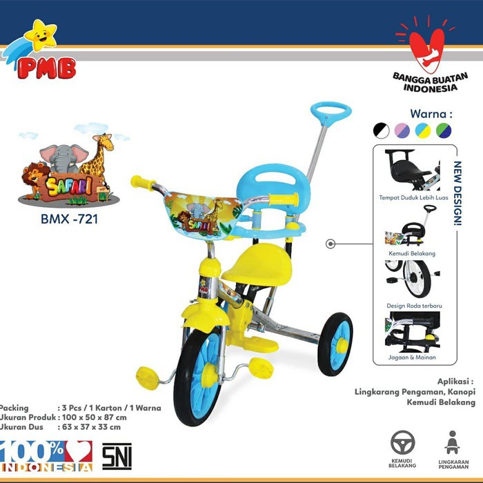 PMB 721 Sepeda BMX Roda Tiga Anak Tricycle Sandaran Stenlis Nikel Dorongan Jagaan PMB 721