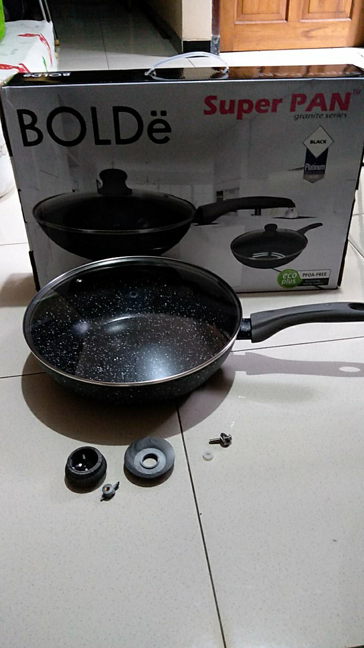 Bolde Wok ( Wajan ) 28 Cm + Glass Lid, Granite Black Dark Knight